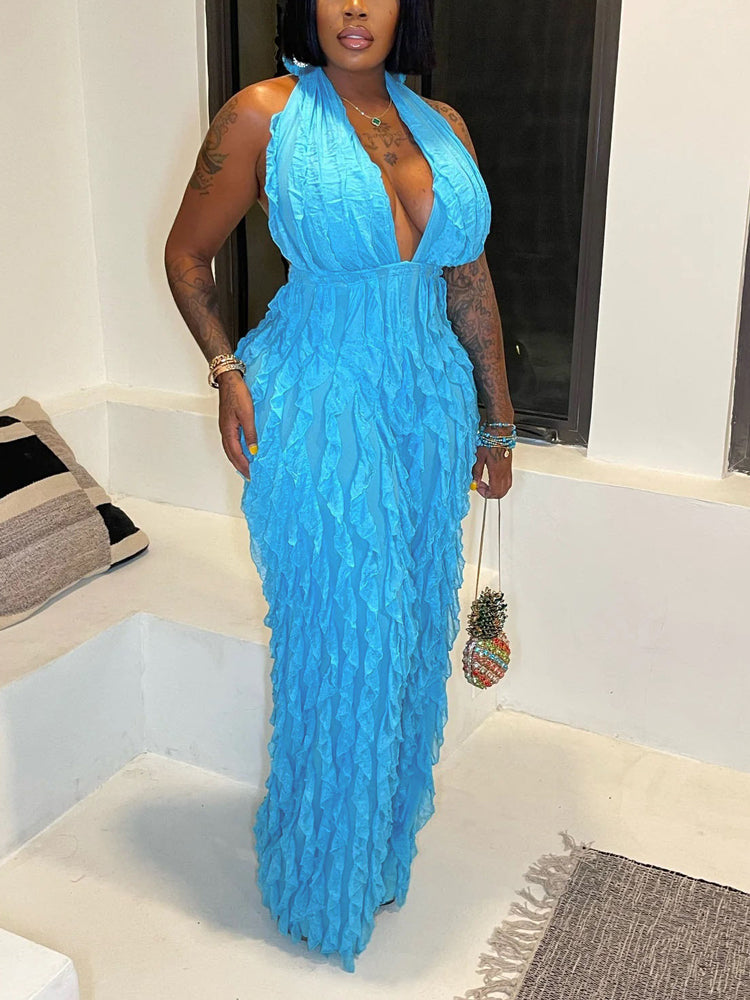 Halter V Neck Fringe Jumpsuit Sky Blue / S