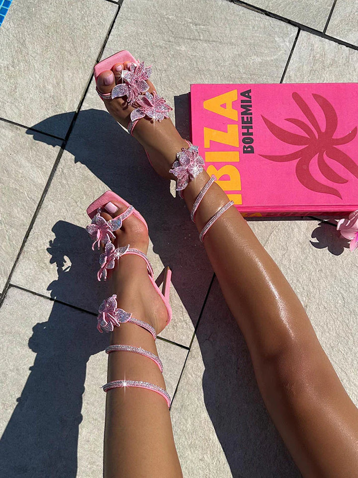 Rhinestone Floral Ankle-Wrap Sandals