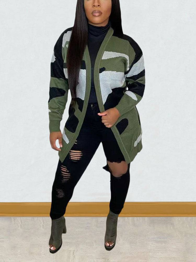 Camouflage Print Sweater Cardigan Green / XL