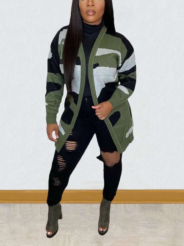 Camouflage Print Sweater Cardigan Green / XL
