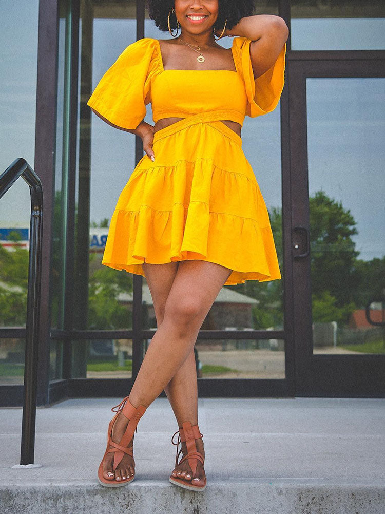 Hollowed Out Square Neck Dress Yellow / M