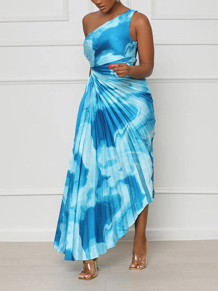 One Shoulder Pleated Dress Lake Blue / M