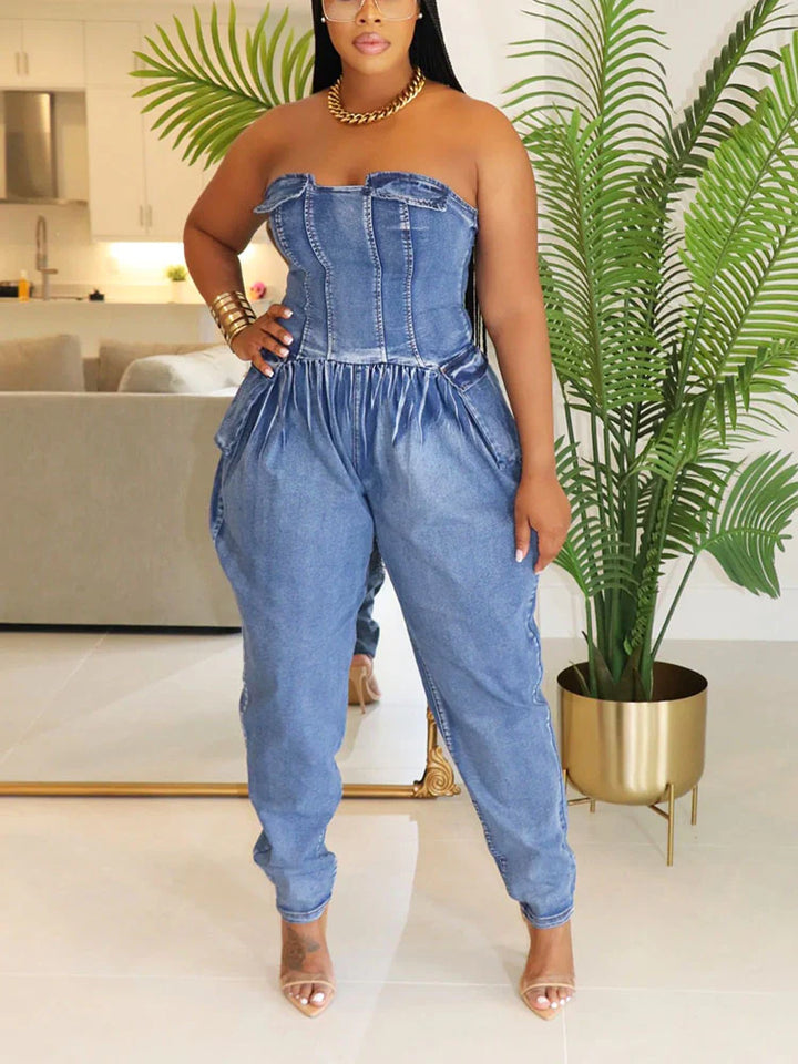 Strapless Ruched Denim Jumpsuit