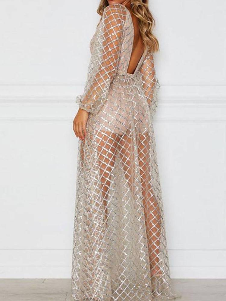 Sequin Mesh V Neck Maxi Dress Golden / 2XL