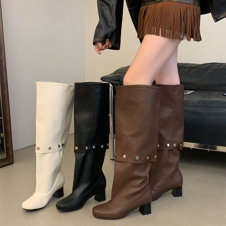 Riveted Detachable Round-Toe Long Boots