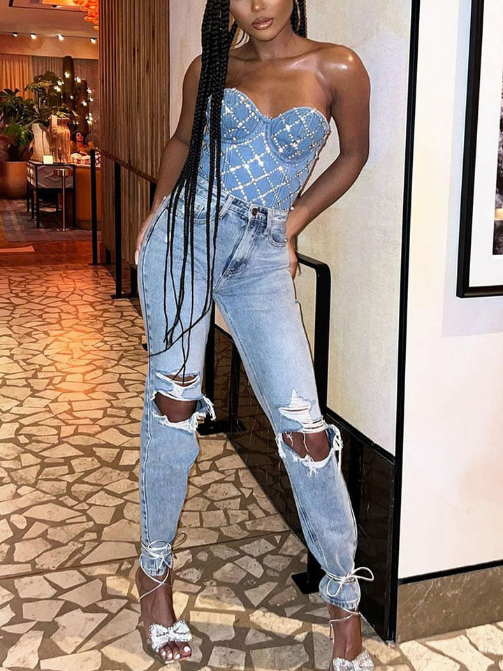 Rhinestone Denim Bustier Top Blue / M