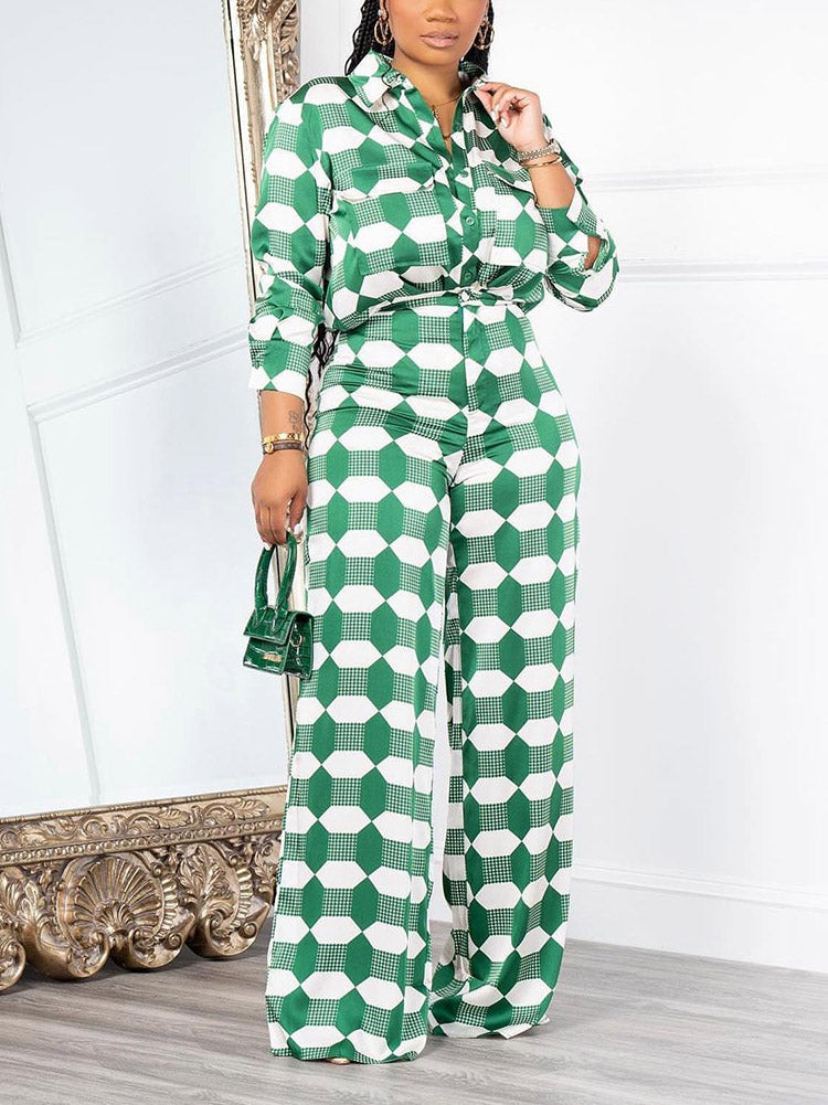 Geometric Pattern Shirt & Pants Set Green / M