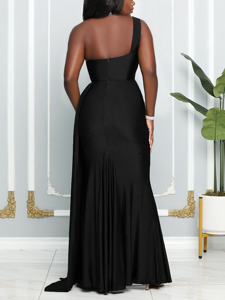 One Shoulder Slit Wedding Dress Burgundy / XL