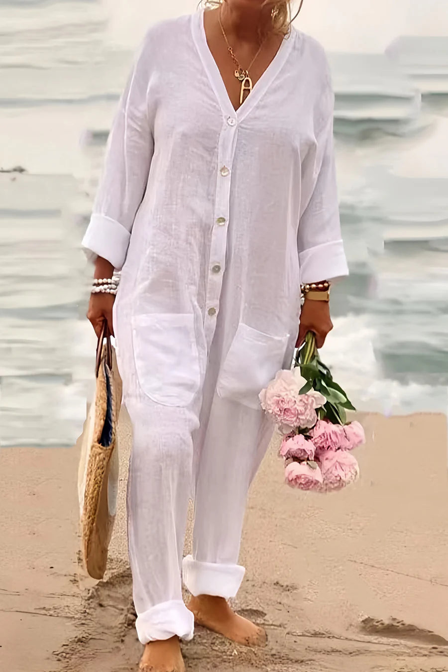 V Neck Button-up Cotton Linen Baggy Jumpsuit