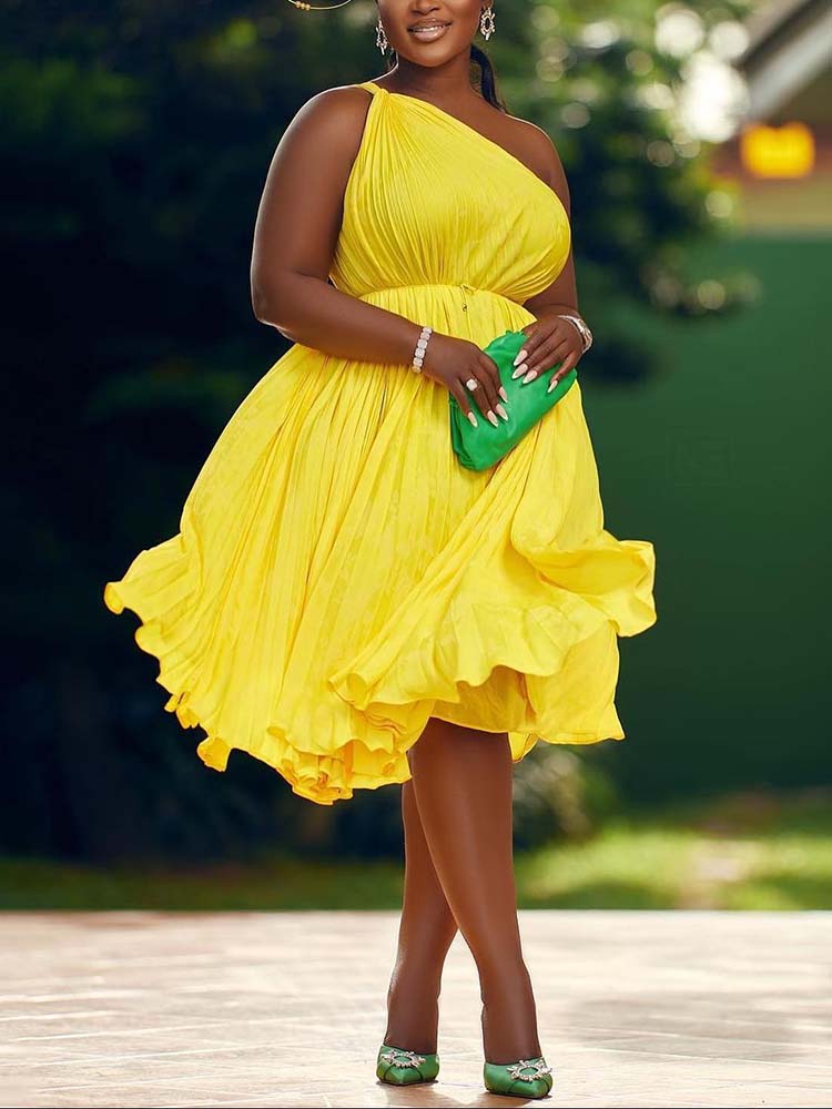 One Shoulder Pleated Dress Yellow / M