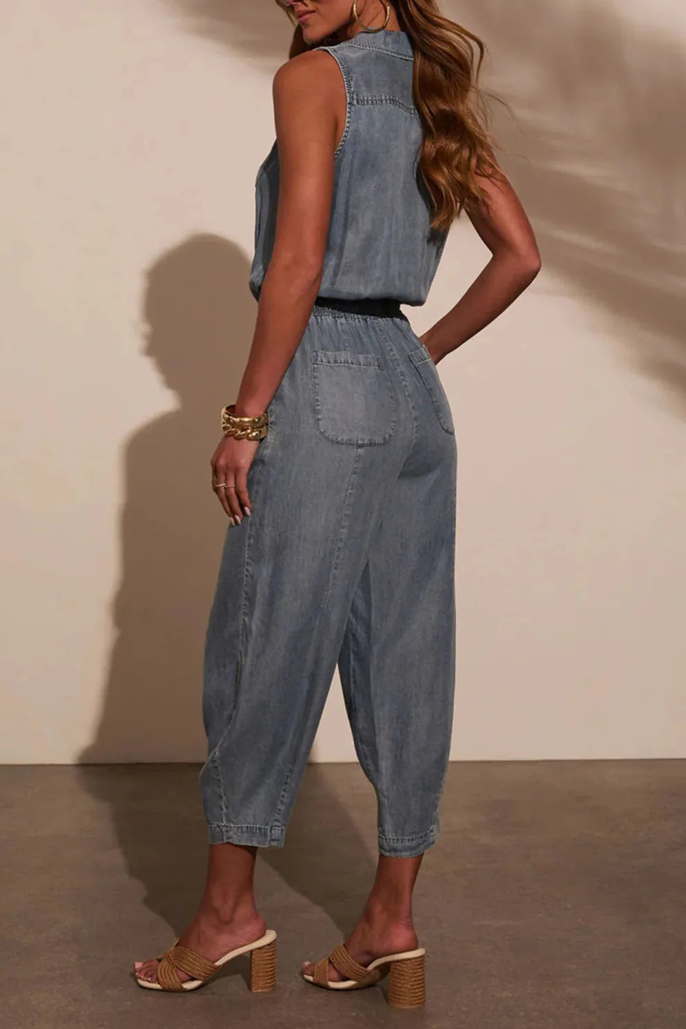 Lapel High Rise Sleeveless Denim Jumpsuits