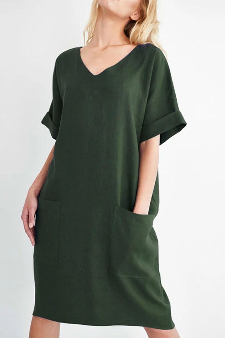 V Neck Short Sleeve Pocketed Cotton Dress