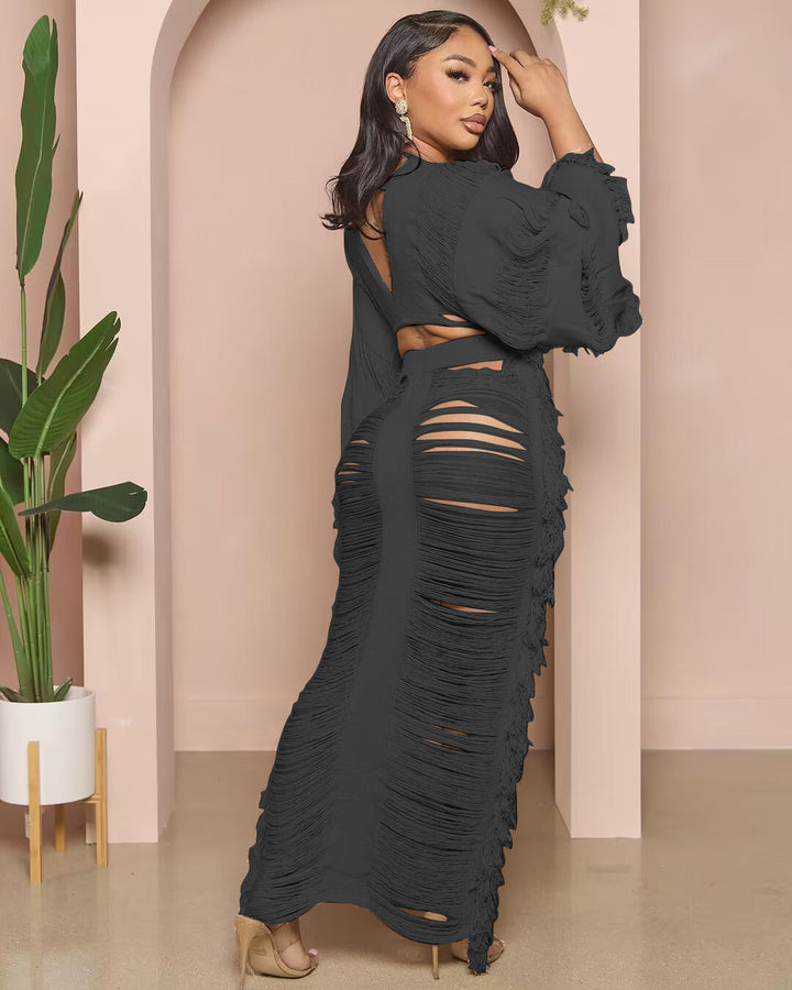 Casual Knit Tie-Front Long-Sleeve Dress Set