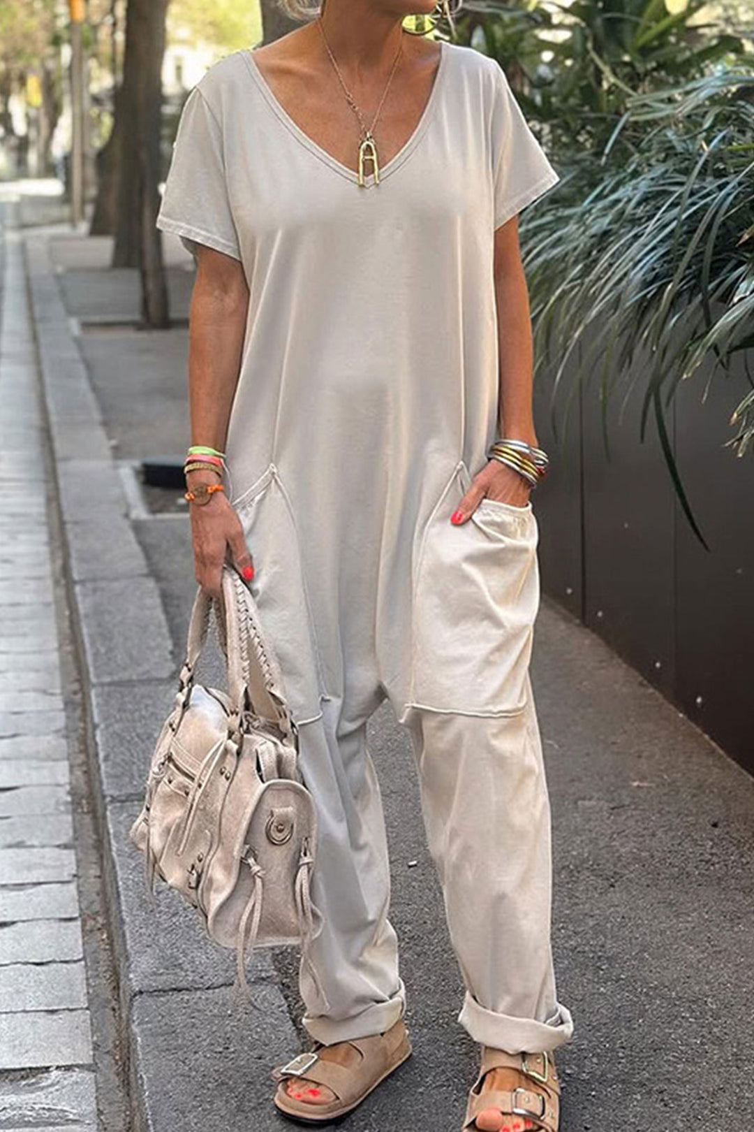 Short Sleeve V Neck Pocket Baggy Jumpsuit Dark Grey · M