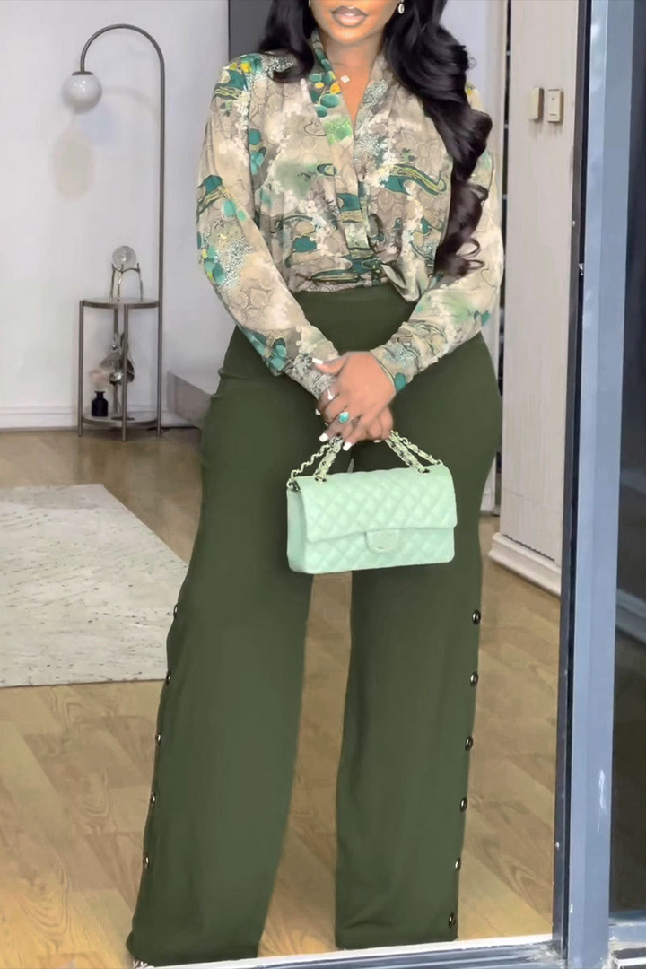 Vintage Printed V-Neck Shirt Wide Leg Pants Set