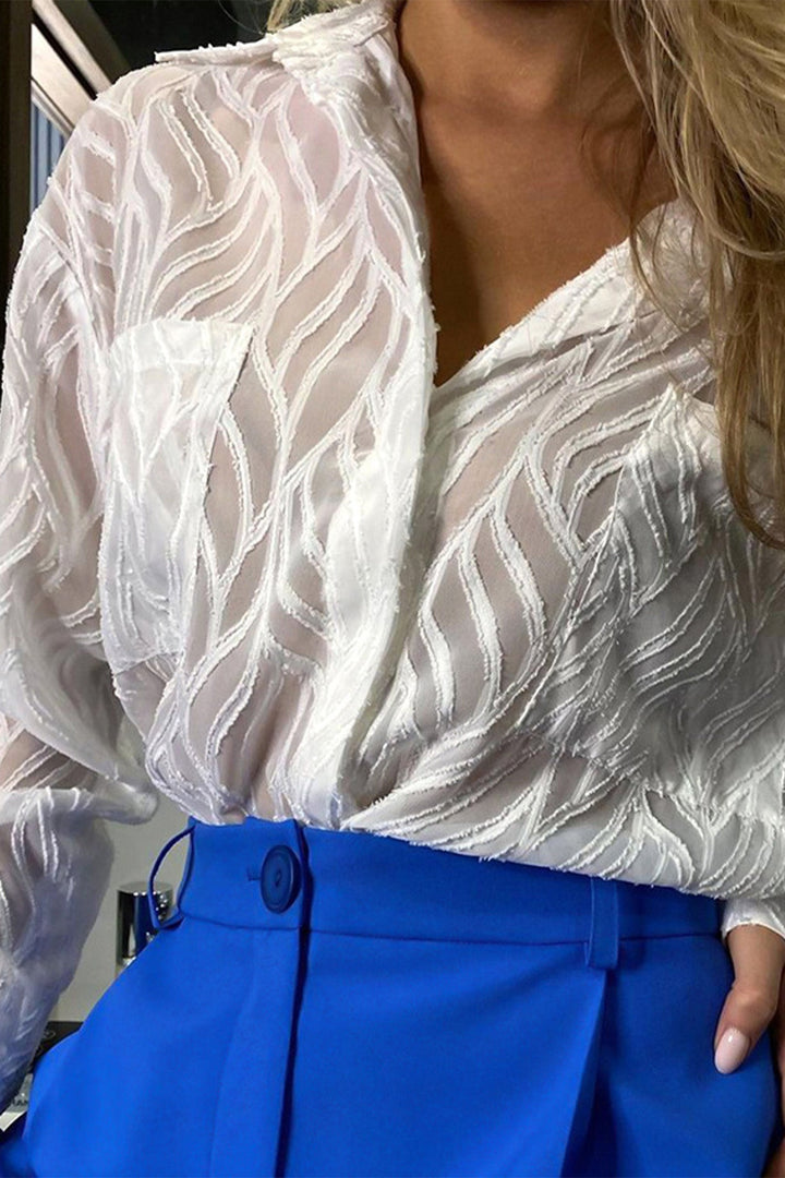 Sheer Textured Button-Up Long Sleeve Blouse White · M