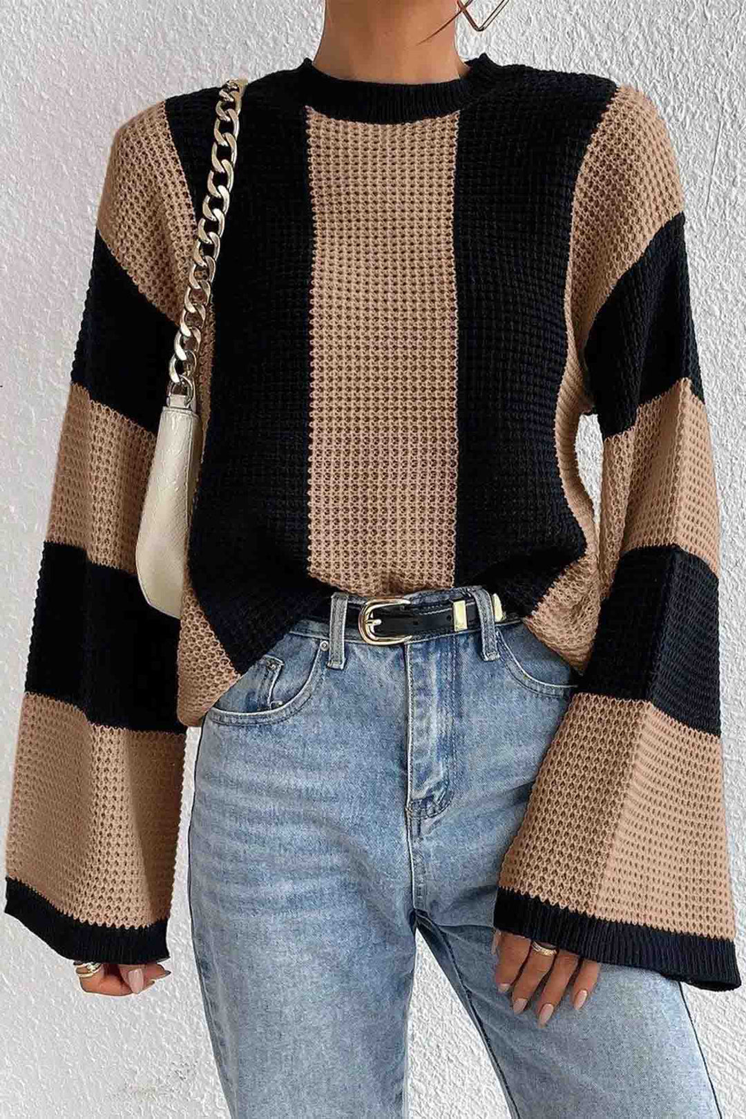 Colorblock Striped Long Sleeve Knitted Sweater Khaki · M
