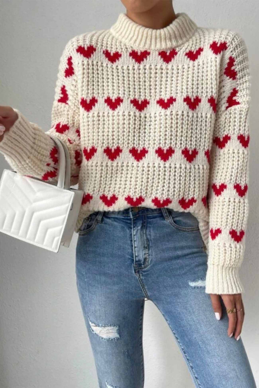 Heart Jacquard knitted Sweater Off White · M