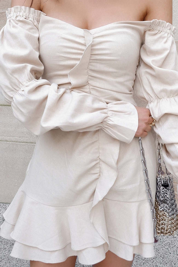 Pleated Balloon Sleeve Mini Dress White · M
