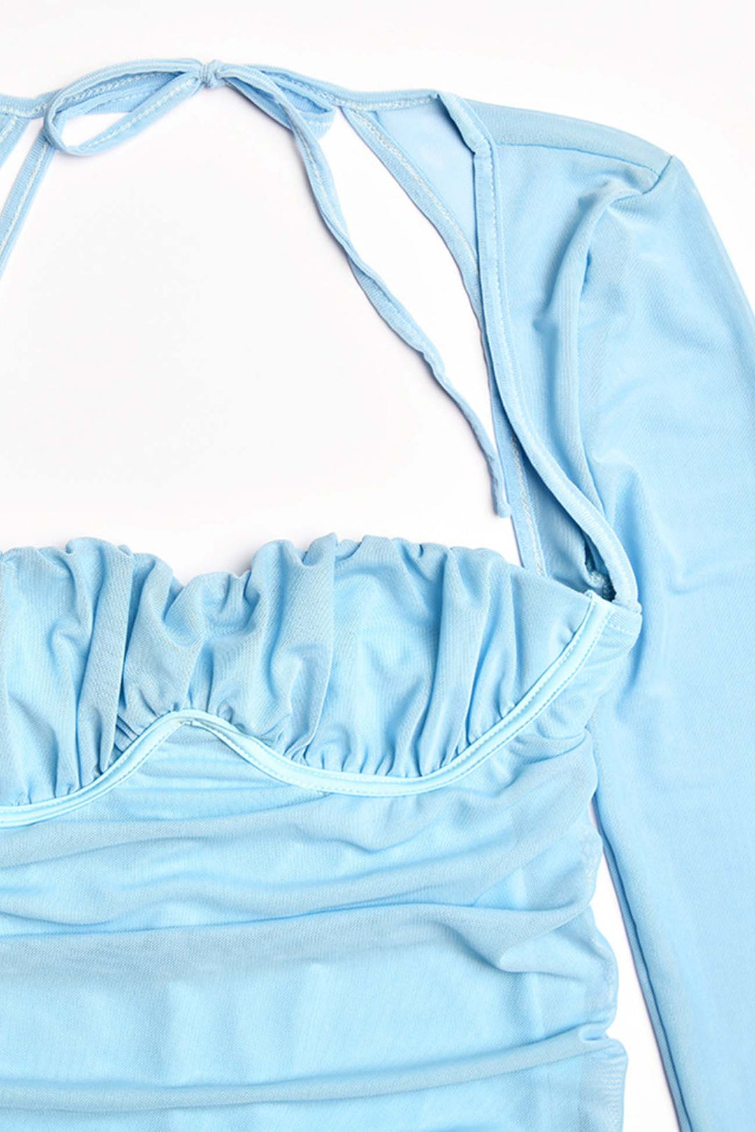 Pleated Patchwork Long Sleeve Mini Dress Blue · L