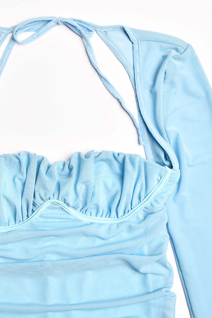 Pleated Patchwork Long Sleeve Mini Dress Blue · L