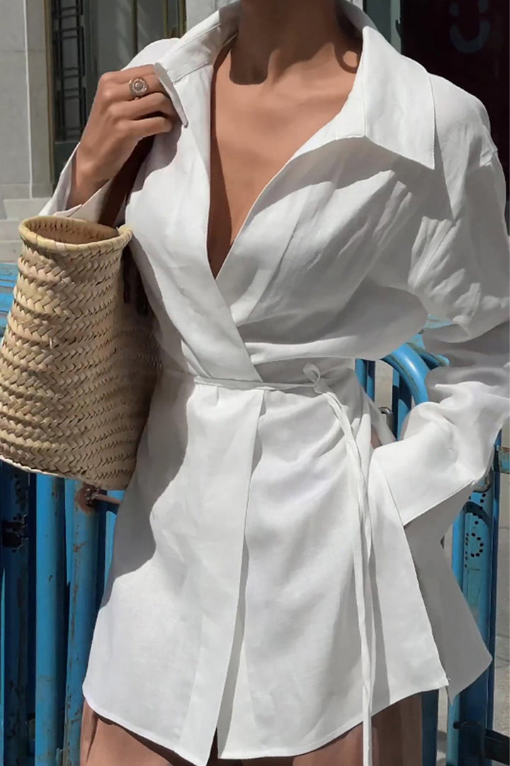 White Cotton Lapel Lace Up Slit Long Sleeve Blouse White · M