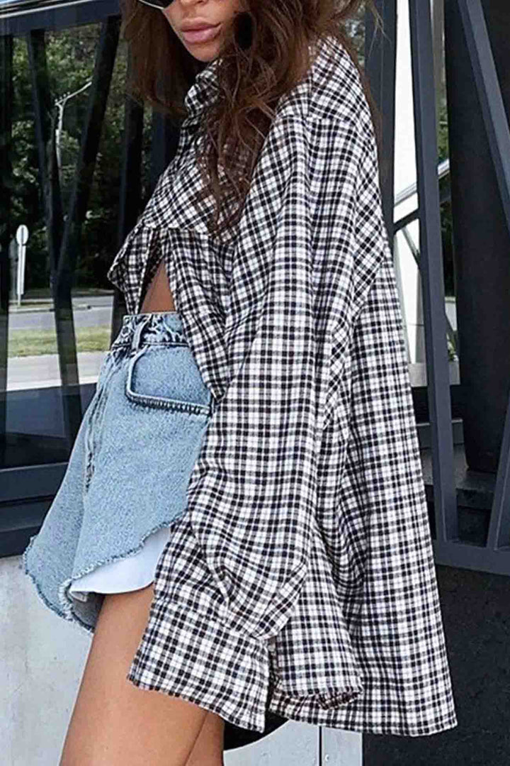 Plaid Drop Shoulder Lantern Sleeve Long Blouse Plaid · M