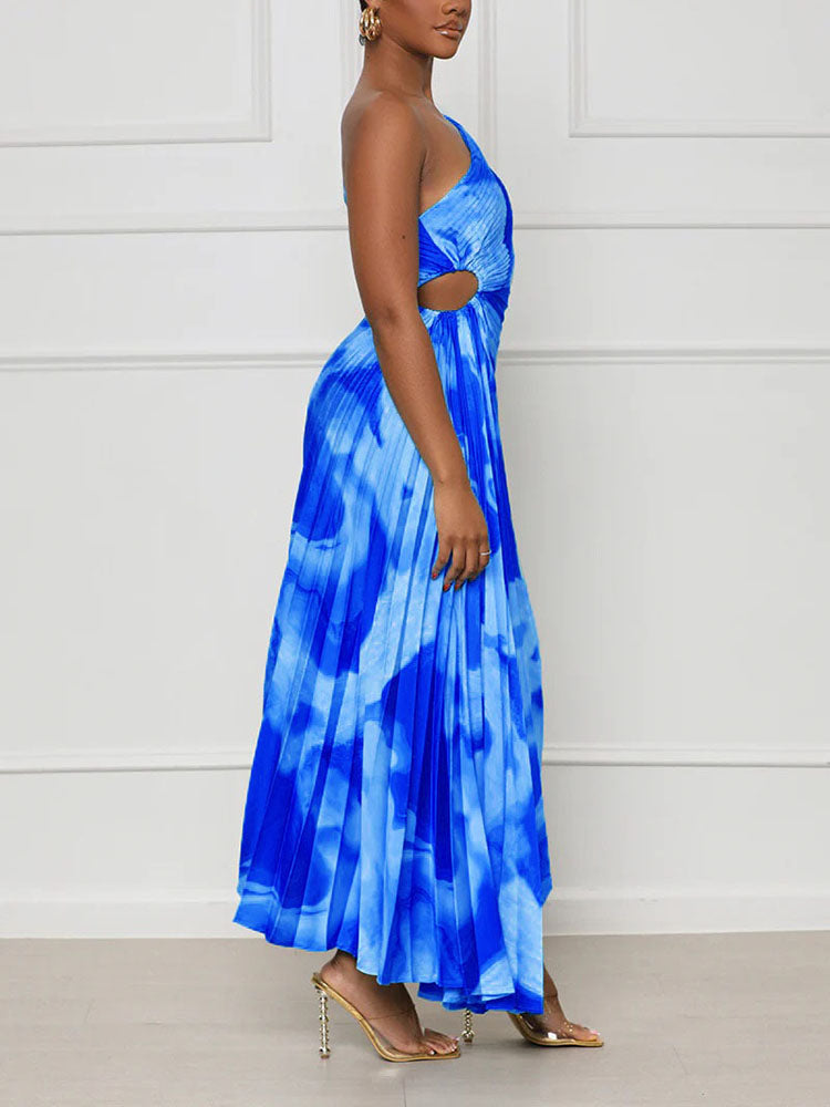 One Shoulder Pleated Dress Dark Blue / M