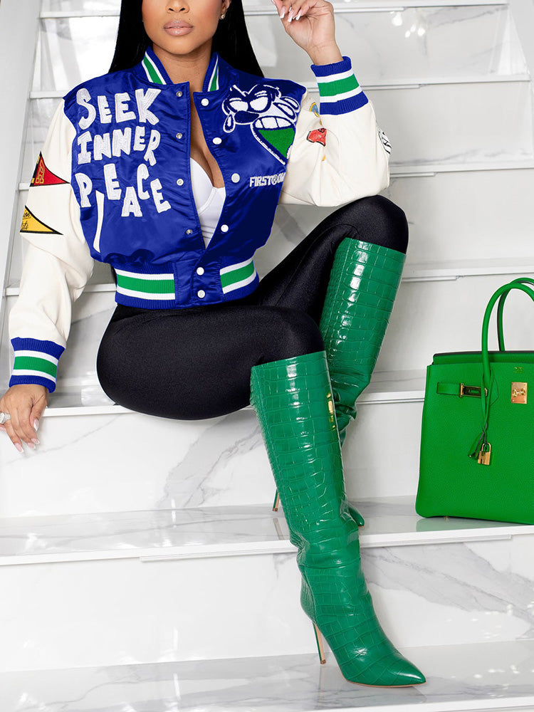 Letter Cropped Varsity Jacket Pink / 2XL