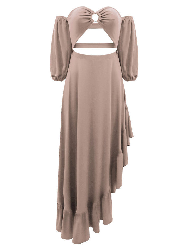 Asymmetrical Ruffle Slit Dress Khaki / L