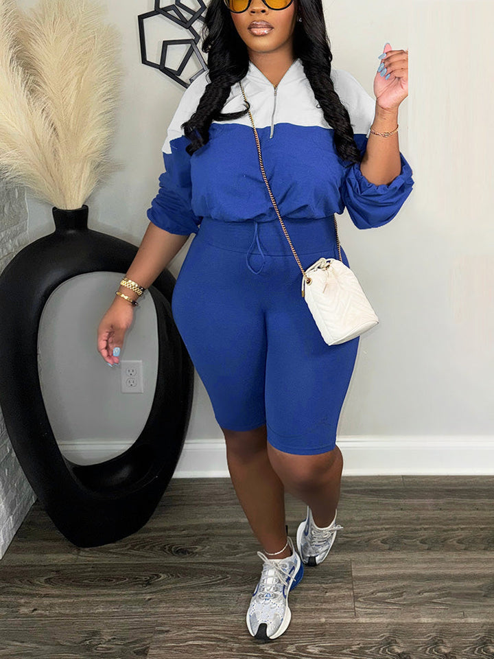 Half Zip Hoodie & Biker Shorts Set Pink / S