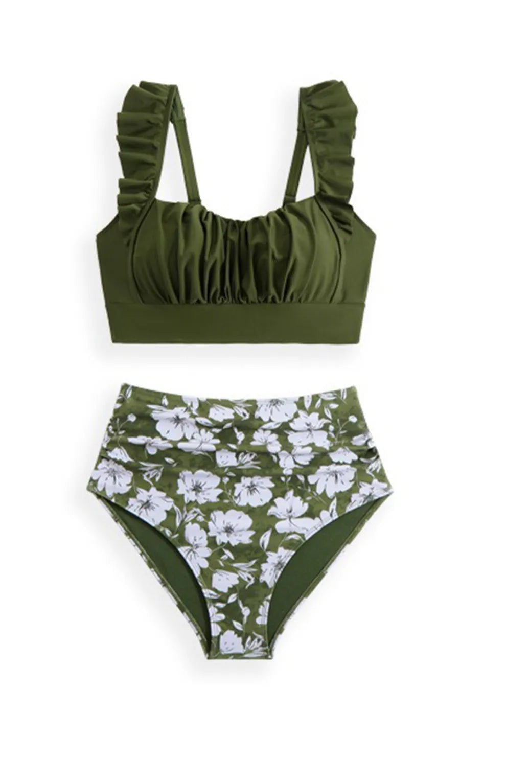 Ruffle Floral Print Swimsuit With Sarong