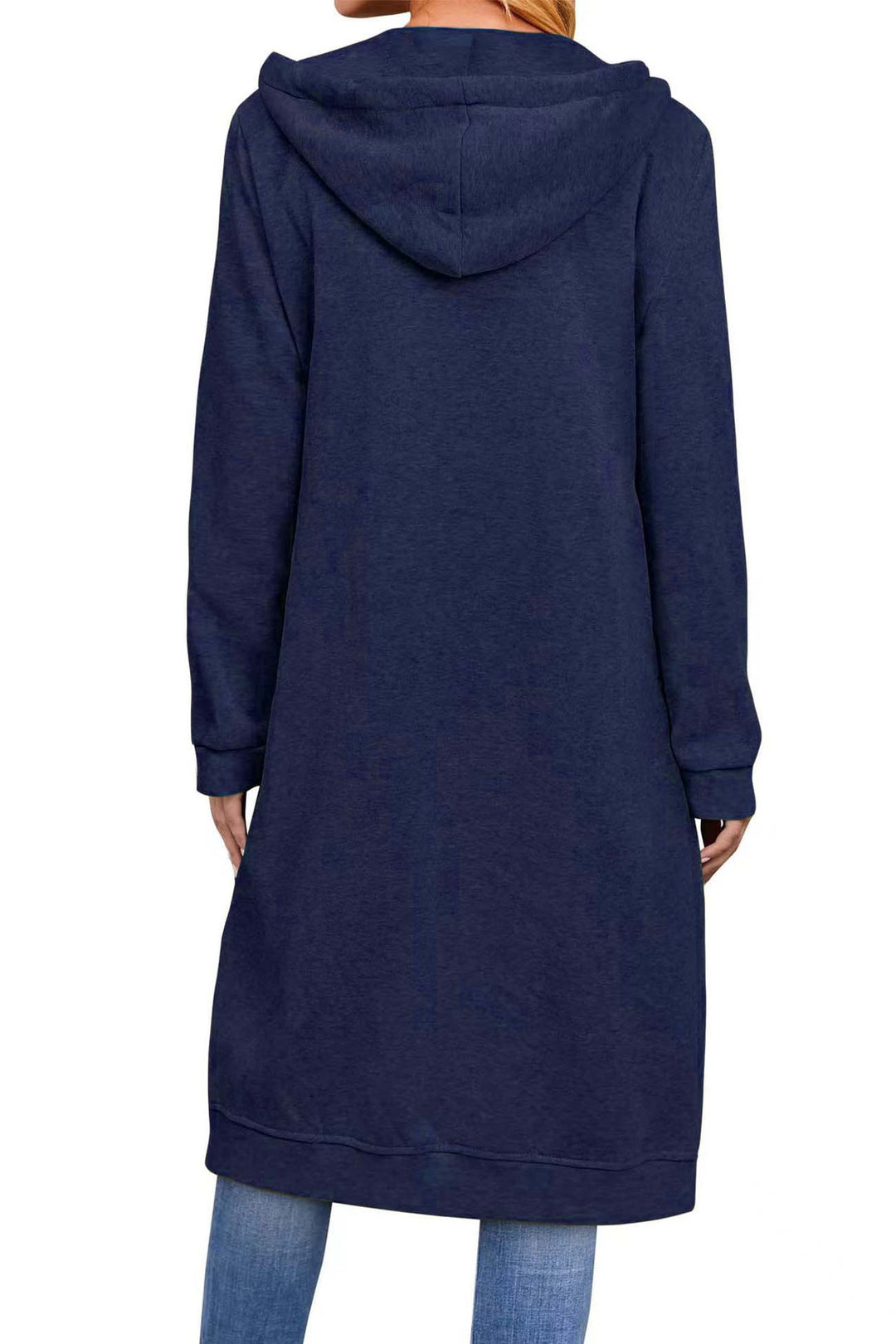 Solid Zip Up Drawstring Hooded Long Cardigan Black · L