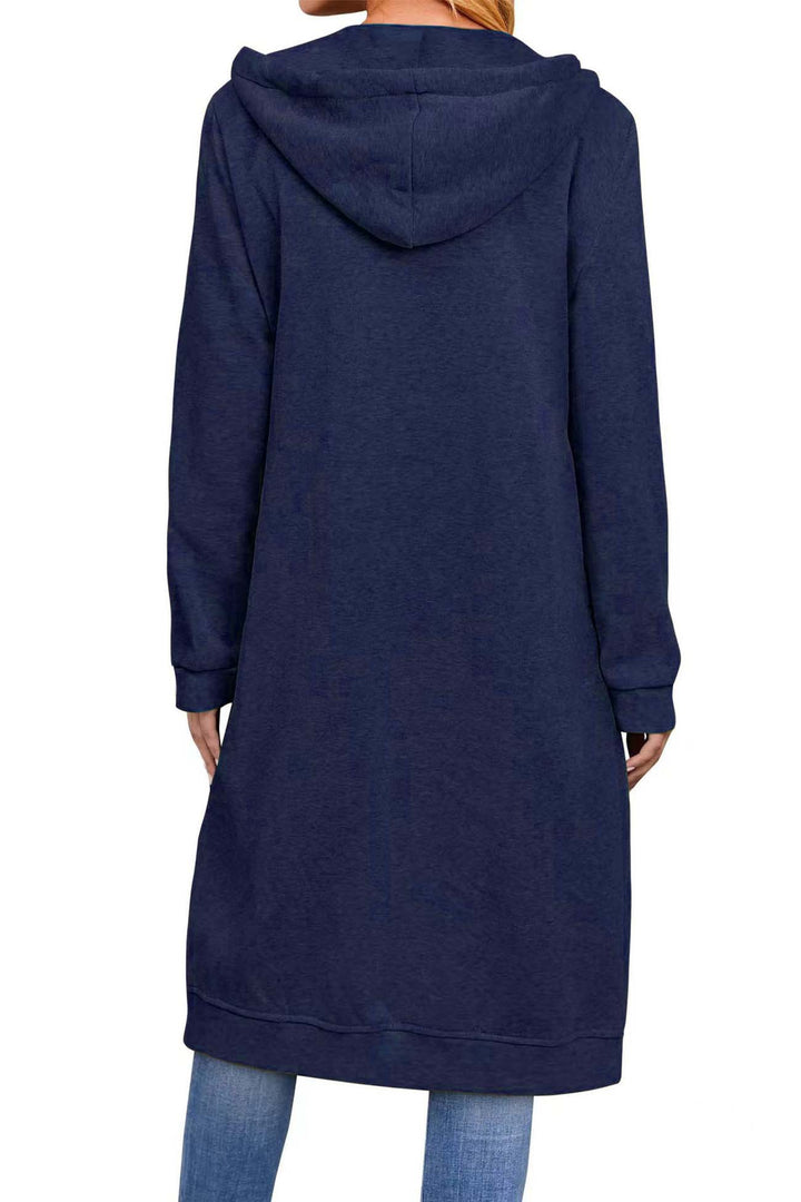Solid Zip Up Drawstring Hooded Long Cardigan Black · L