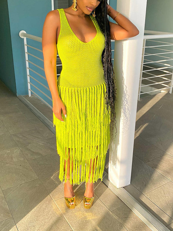 Vacay Crochet Fringe Dress Green / M