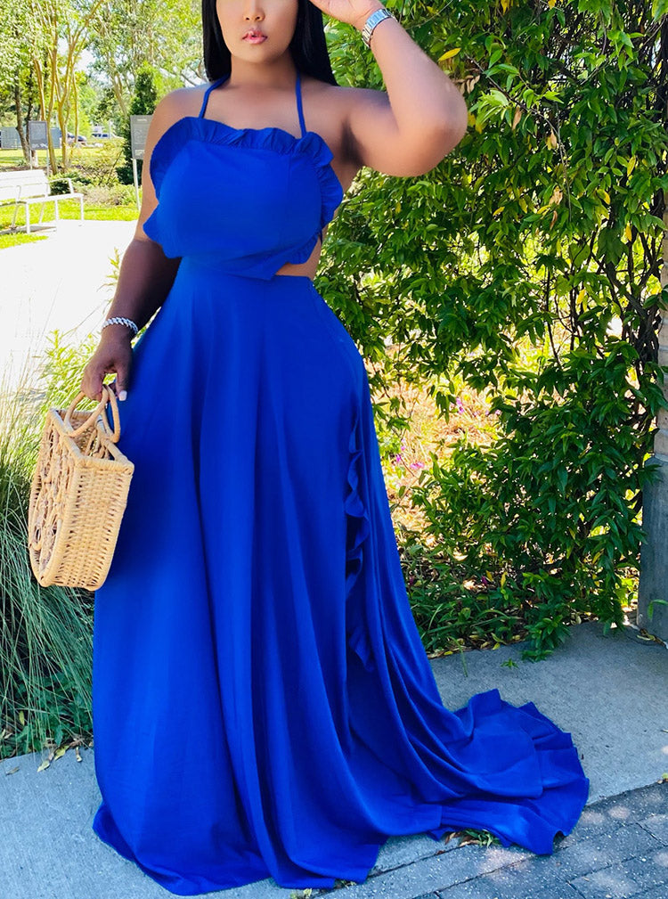 Ruffle Halter Backless Maxi Dress Blue / S