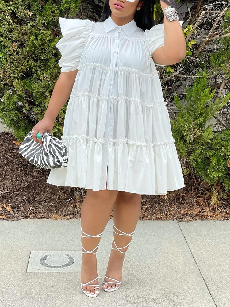 Puff Sleeve Ruffle Shirt Dress White / M