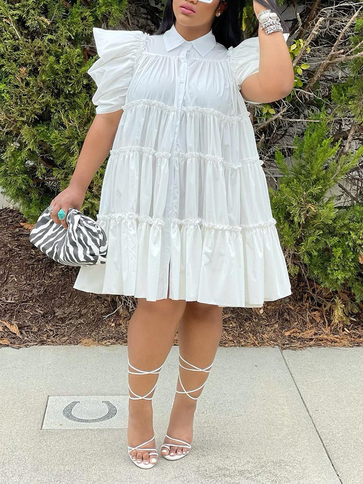 Puff Sleeve Ruffle Shirt Dress White / M