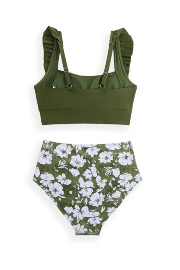 Ruffle Floral Print Swimsuit With Sarong
