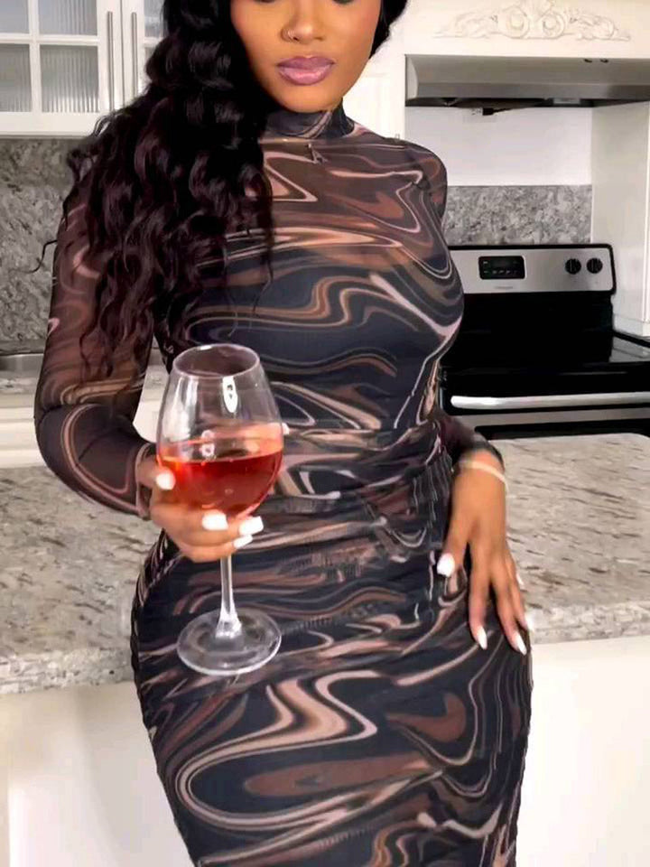 Mesh Printed Long Sleeve Midi Dress Snake / M