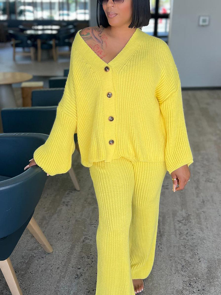 Knit Button Cardigan & Wide Pants Set Pink / M