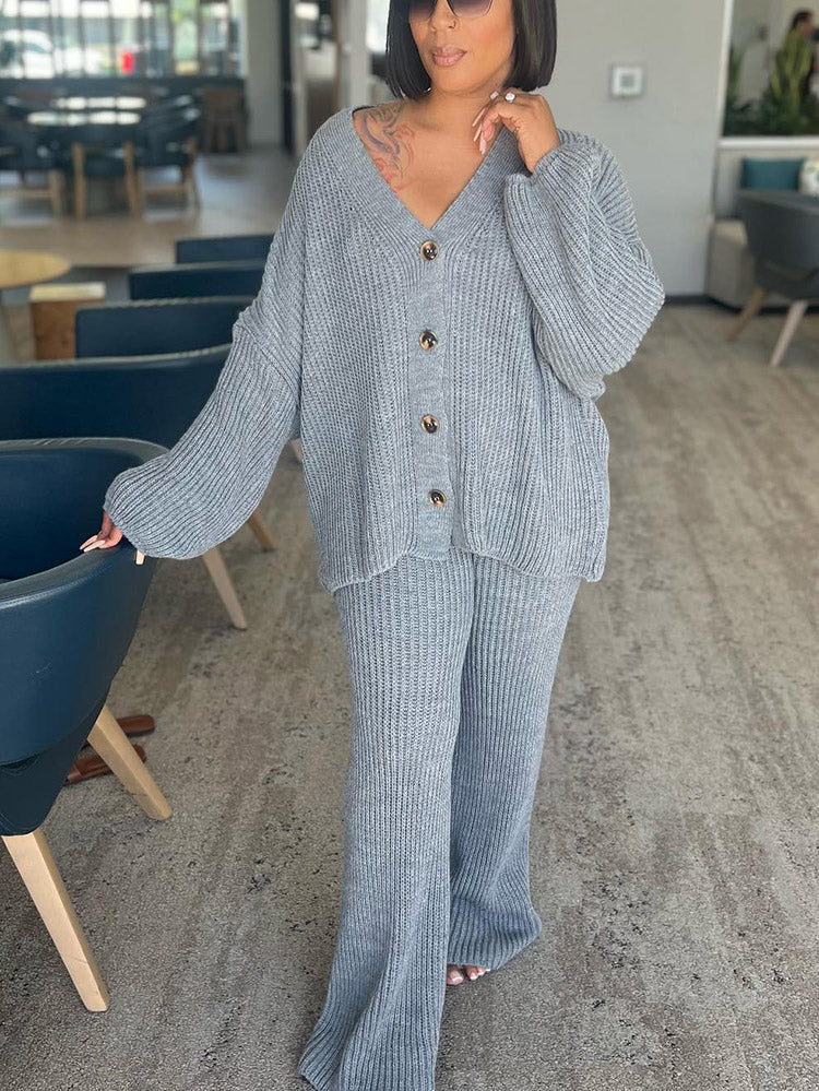 Knit Button Cardigan & Wide Pants Set Gray* / M
