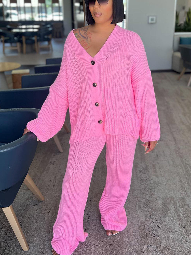 Knit Button Cardigan & Wide Pants Set Gray* / XL