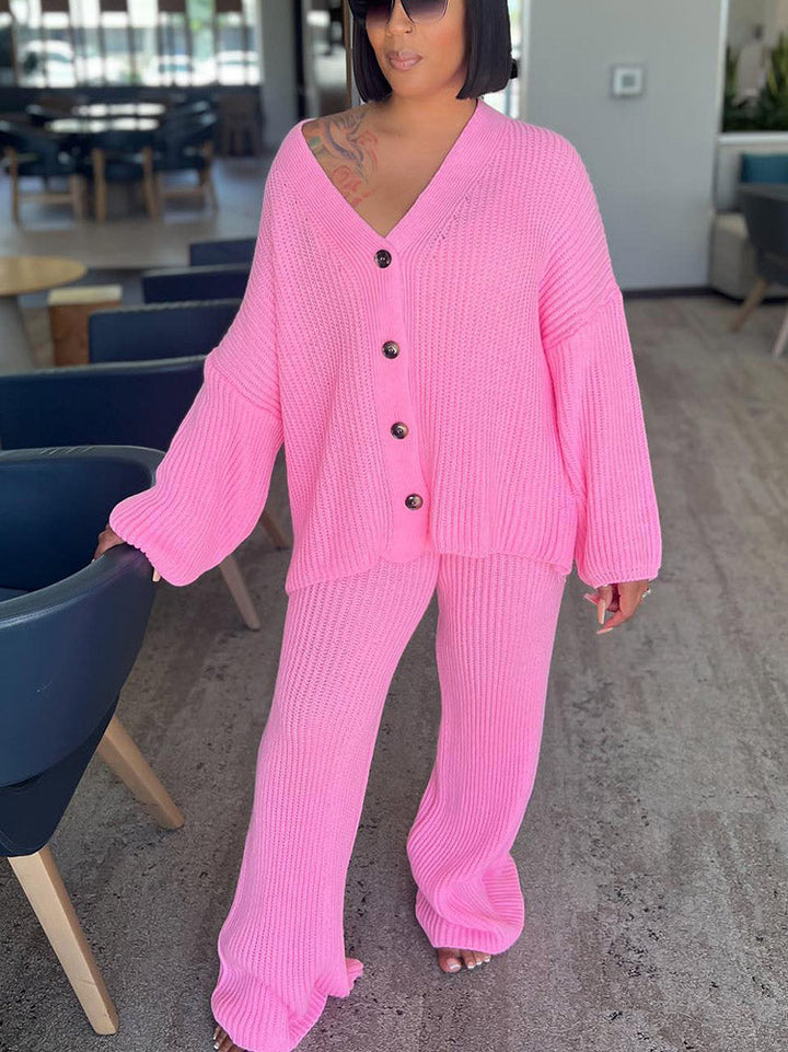 Knit Button Cardigan & Wide Pants Set Gray* / XL