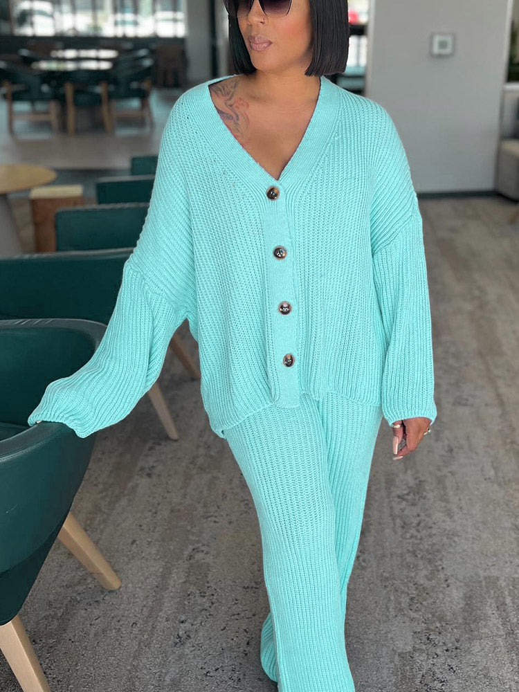 Knit Button Cardigan & Wide Pants Set Pink / XL