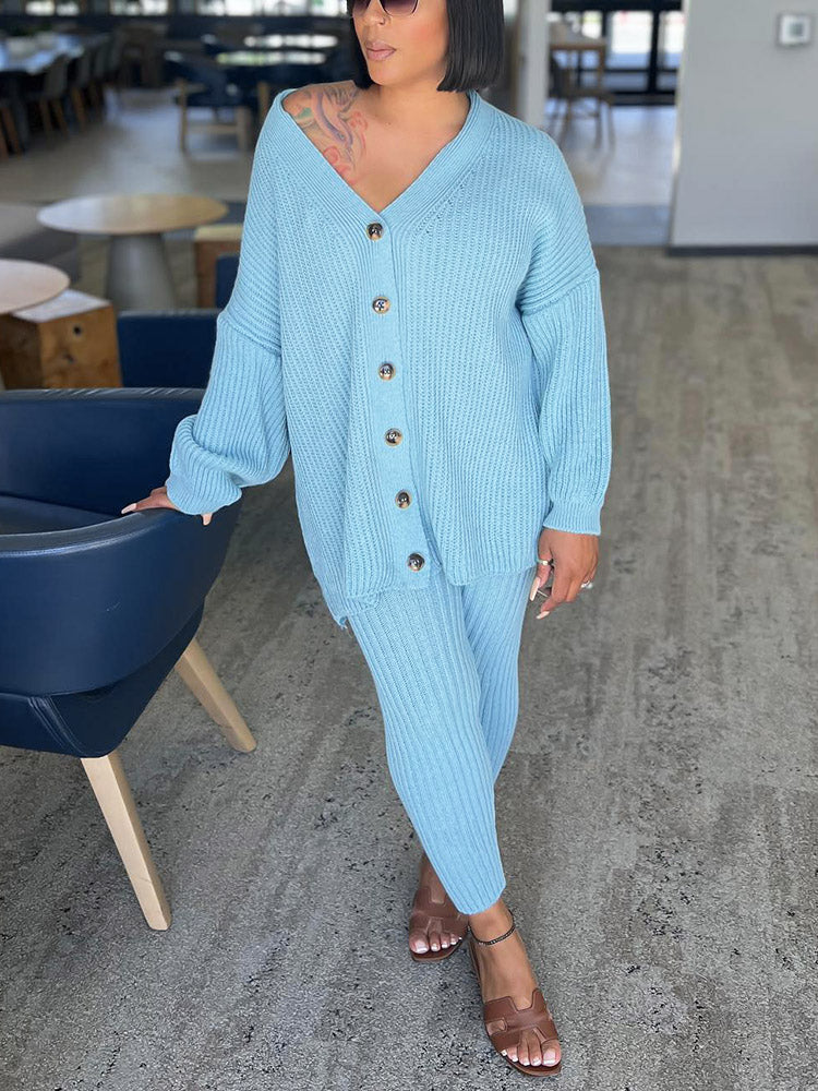 Knit Button Cardigan & Legging Set Pink / L