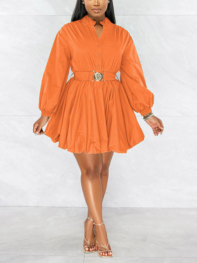Belted Puffy Sleeve Solid Dress Rose / XL
