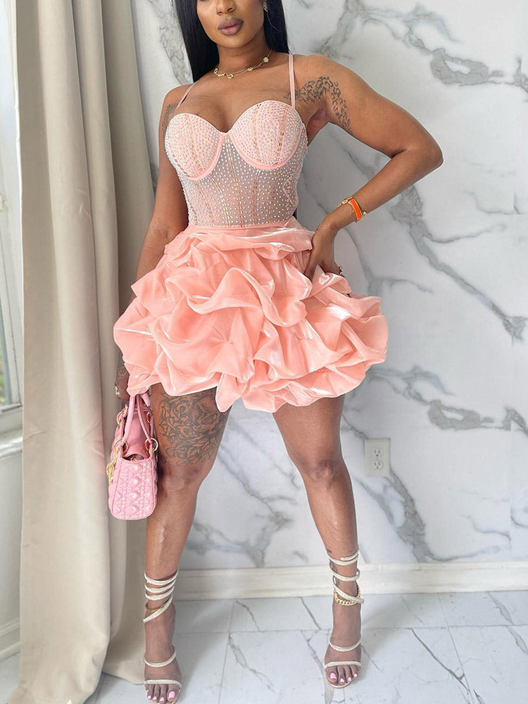 Rhinestone Mesh Ruffle Dress Pink / M