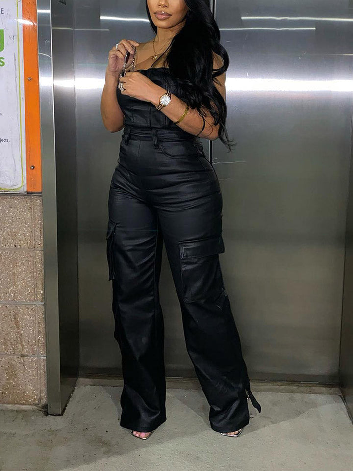 Leather Tube Cargo Jumpsuit Black / M