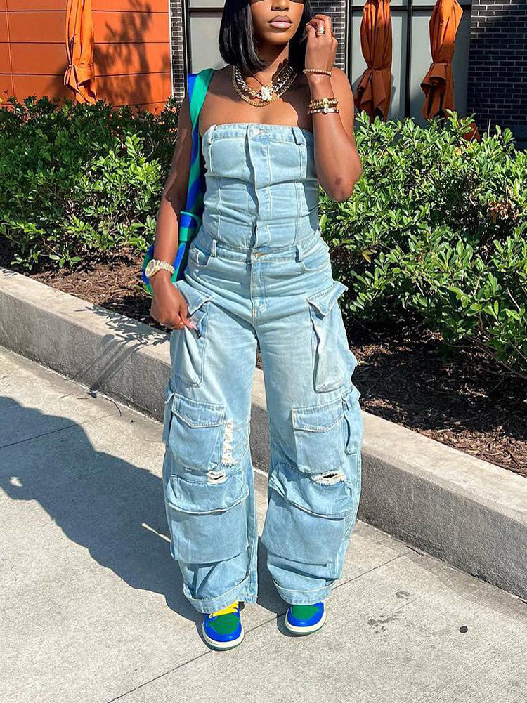 Denim Strapless Cargo Jumpsuit Blue / M